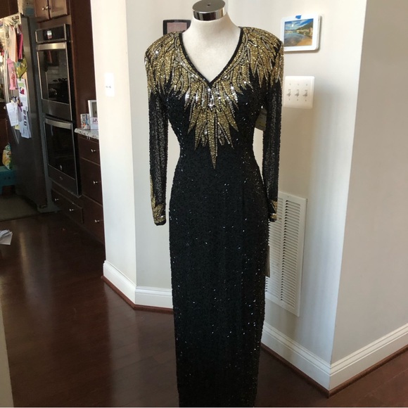 VTG Oleg Cassini BlackTie Sequin Embellished Heavily Beaded 100% Silk Open Back - Picture 4 of 11